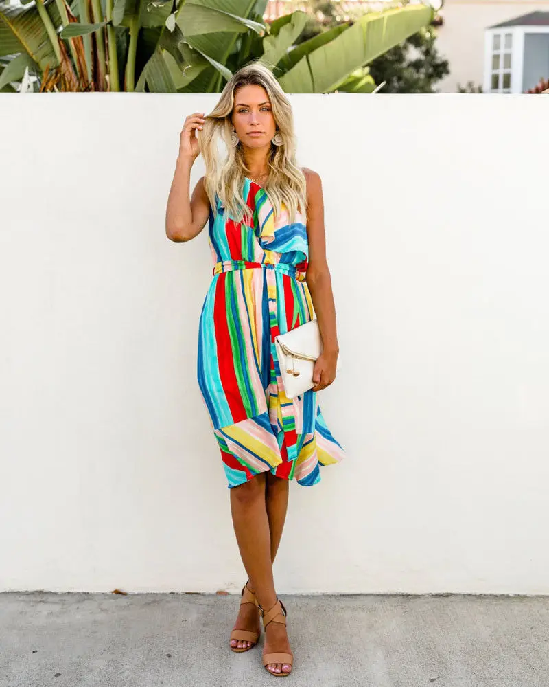 Женское Короткое платье в радужную полоску Boho Брендовое летнее Клубное вечерние