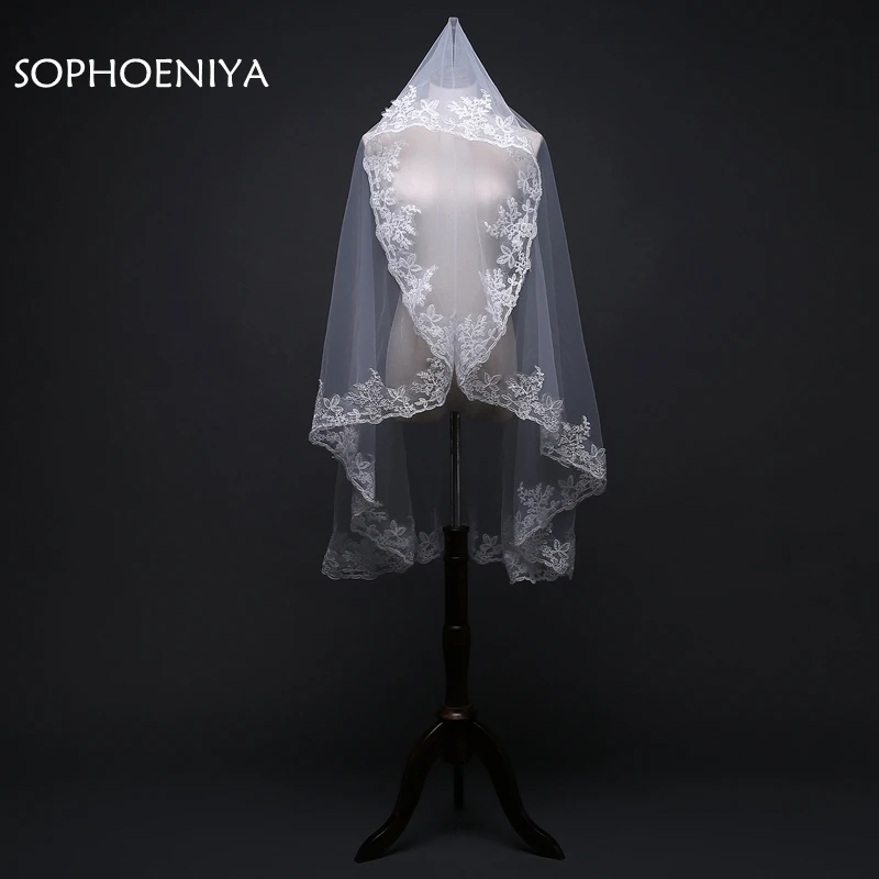 Модная короткая свадебная фата цвета слоновой кости с кружевными краями 1 метр 2021