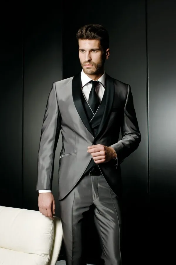 

Latest Coat Pant Designs Smoking Grey Satin Wedding Suits for Men Jacket Slim Fit Custom 3 Piece Blazer Prom Tuxedo Masculino