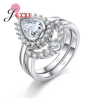 2pcs fashionable women wedding anniversary band ring sets filled waterdrop rhinestones 925 sterling silver finger anel