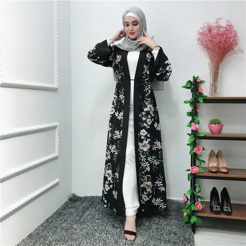 

Muslim Dress Ramadan Black Open Abaya Dubai Turkey Women Kaftan Fashion Printed Long Robe Caftan Marocain jilbab femme musulman