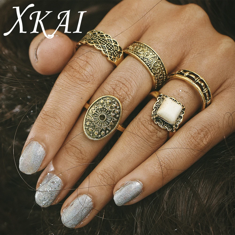 Xkai 5 шт./компл. модные Винтаж панк миди Кольца набор Античное золото Цвет Boho Стиль