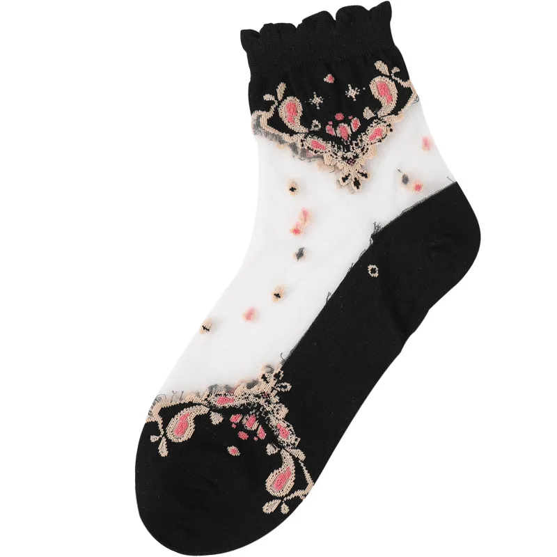 

Solid Color Cotton Crystal Silk Socks Female Socks In The Waist Glass Transparent Short Socks 5 Pairs