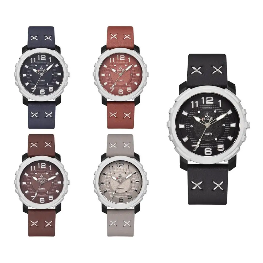 Повседневные мужские круглые циферблаты Faux кожаный полосатый ремешок