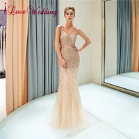 ilovewedding evening dress luxury gold beadings sheer back vestido de festa longo custom made formal dress gown real photo