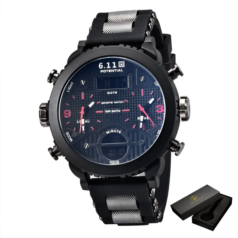 C3(with box) 6,11 часы мужские спортивные кварцевые часы с двойным дисплеем часы с несколькими часовыми поясами повседневные мужские часы с силиконовым ремешком Relogio Masculino reloj - Цвет: C3(with box)