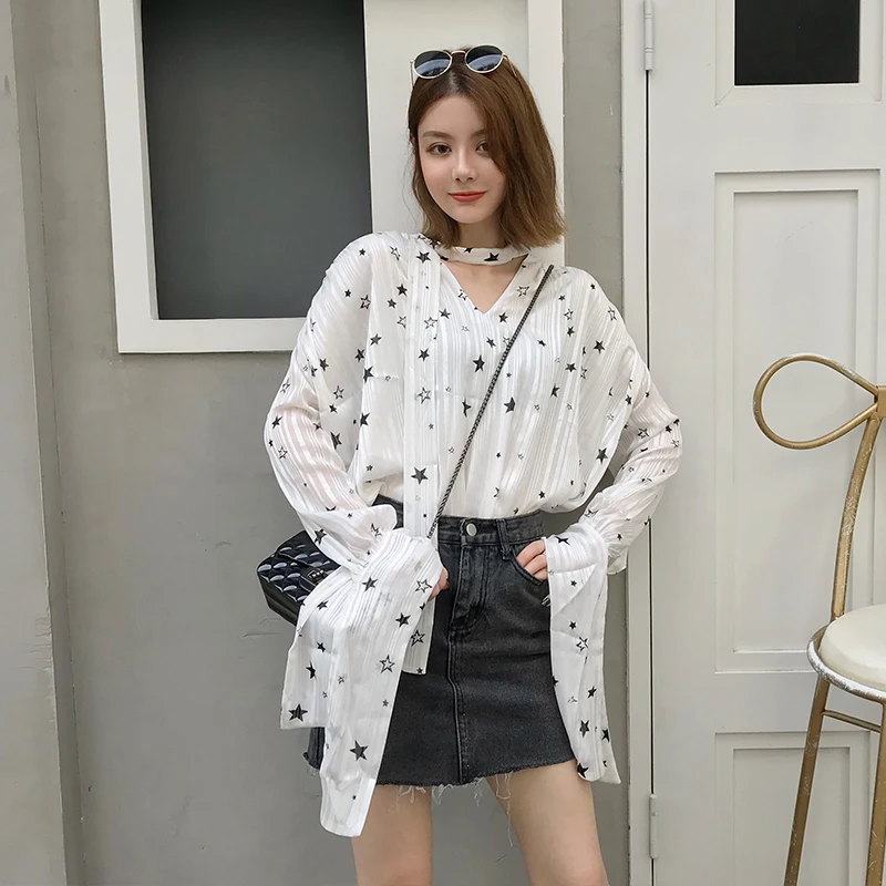 

New style retro port wind shirt ins shirt star belt long sleeved chiffon shirt female