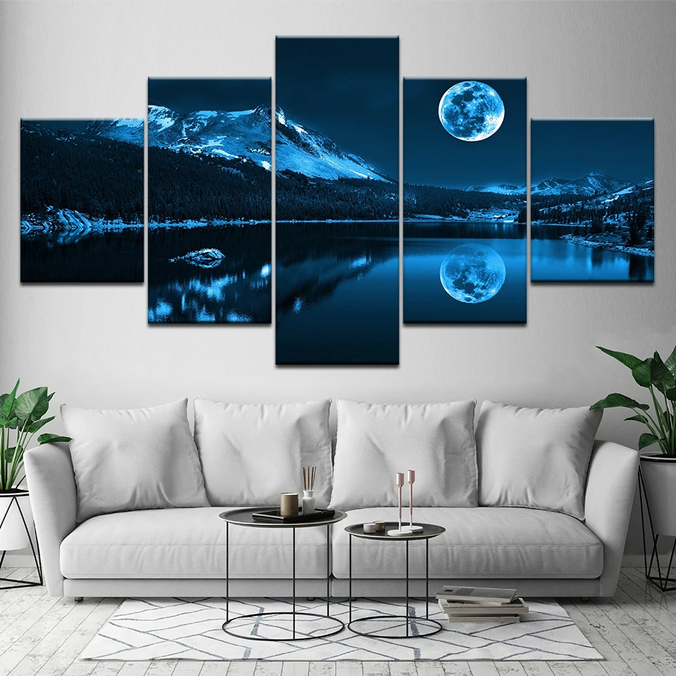 

Modern Decoration Home Wall Art Modular Pictures Canvas 5 Pieces Abstract Blue Moon Night Scene Paintings HD Printing Framework