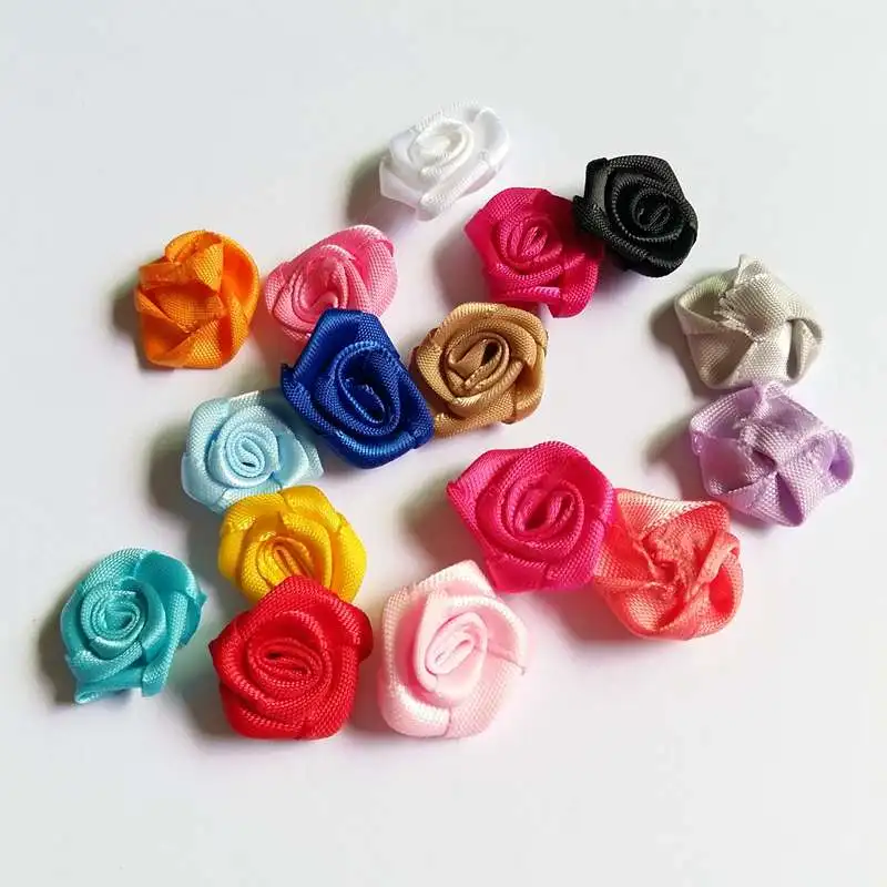 50pcs 20mm Mini Handmade Satin Rose Ribbon Rosettes Fabric Flower Bow Appliques For Wedding Decoration Craft Sewing Accessories
