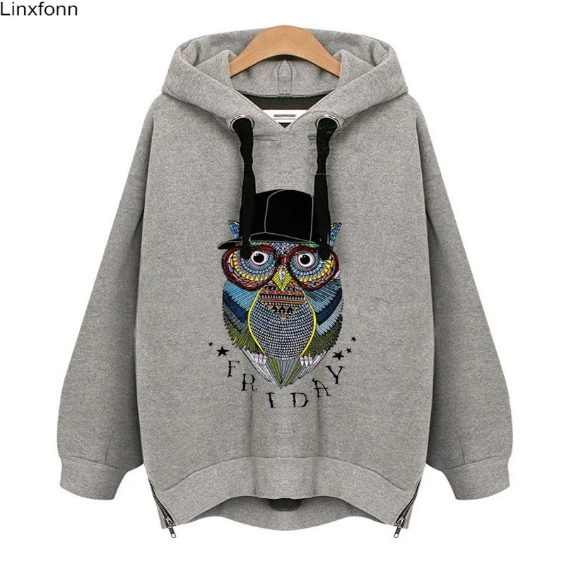 2017 осень-зима Вышивка сова с капюшоном Для женщин Толстовки флис Повседневное