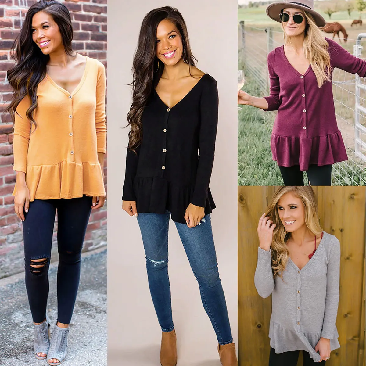 

graphic spring and autumn long sleeve v-neck pullover woman t-shirt European style ruffle solid slim bottoming female Tees