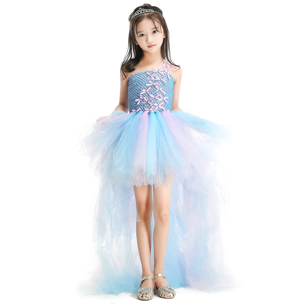 Pink and Blue Butterfly Bow Rhinestone Baby Girls Dresses with Train Tulle Lace Straps Children Tutu for Party | Детская одежда и