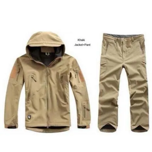 Hot Winter Men Outdoor Camping Hunting Hiking Camouflage Sets Tactical Waterproof Shark Skin Soft Shell Fleece Jacket Pants Suit - Цвет: khaki