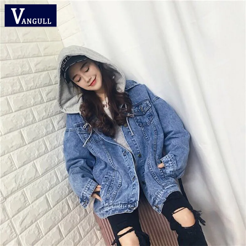 Vangull 2019 Autumn Women Hooded Drawstring Jean Jacket Boyfriend Pocket Coat Long Sleeve Single Breasted Denim Outerwear | Женская