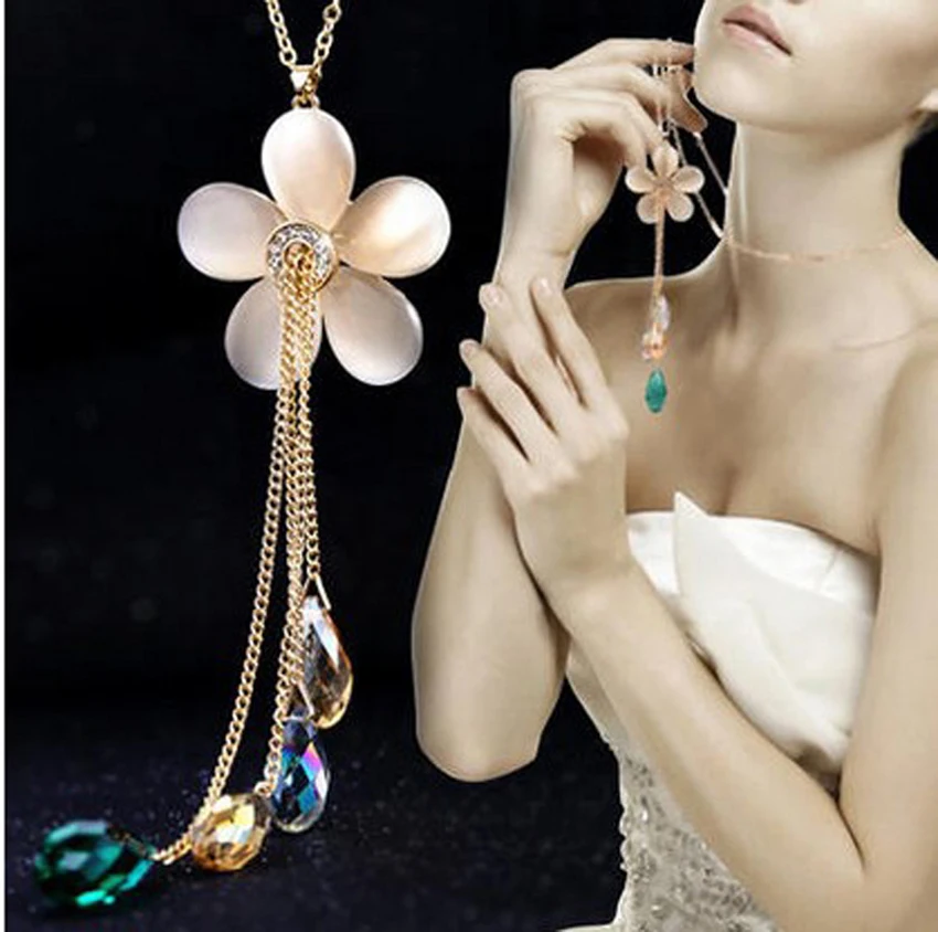 Женское длинное ожерелье с бахромой модное Опаловое белое цветочное