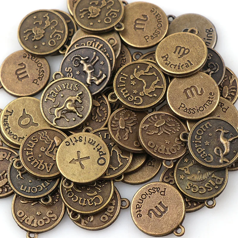 

12pc Constellations Necklace Accessories Round Metal Antique Bronze Women's Necklaces Keepsake Jewelry Virgo Taurus Pendant