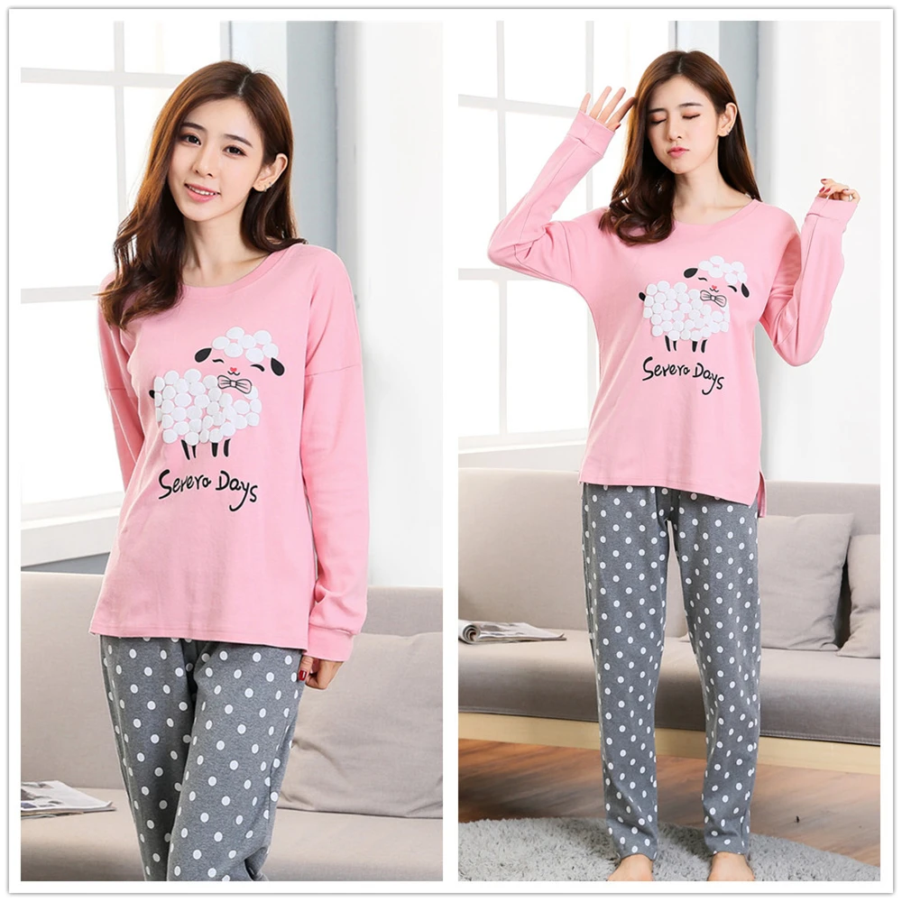 Хлопковый комплект для девочек с овечкой рубашка и штаны женская пижама пижамная
