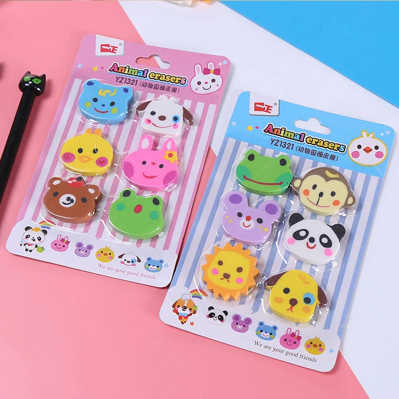 6pcs/lot Animal Head Eraser Cartoon Zoo Primary School Supplies Korean Stationery Cute Children Prize Rubber | Канцтовары для офиса