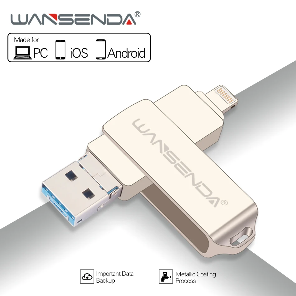 

WANSENDA USB Flash Drive 3 in 1 iOS & USB3.0 & Micro USB OTG Pendrive 128GB 64GB 32GB 16GB 8GB Rotation Design Flash Pen Drives