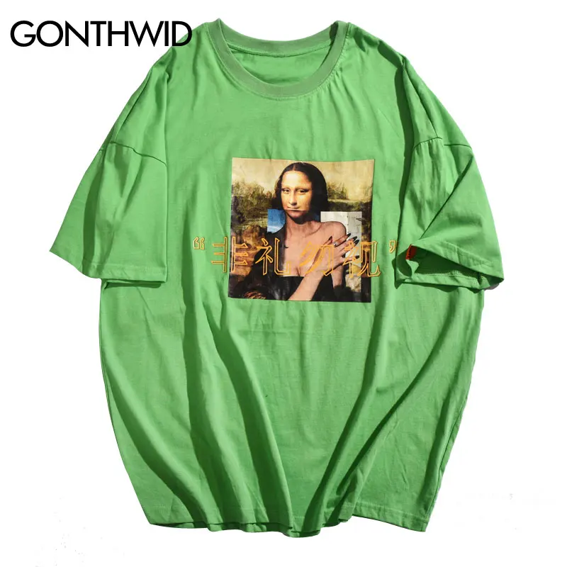 GONTHWID Забавный Мона Лиза китайские иероглифы печати уличные футболки хип-хоп Harajuku
