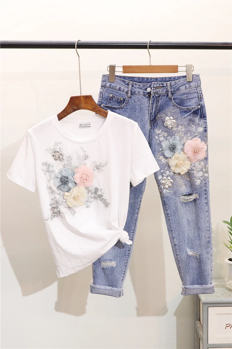 Женская футболка ALPHALMODA с 3D цветочной аппликацией облегающие джинсовые штаны