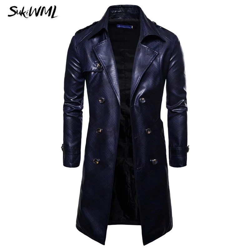 SUKIMWL Тренч Homme 2018 новый модный мужской длинный плащ из искусственной кожи Осенняя