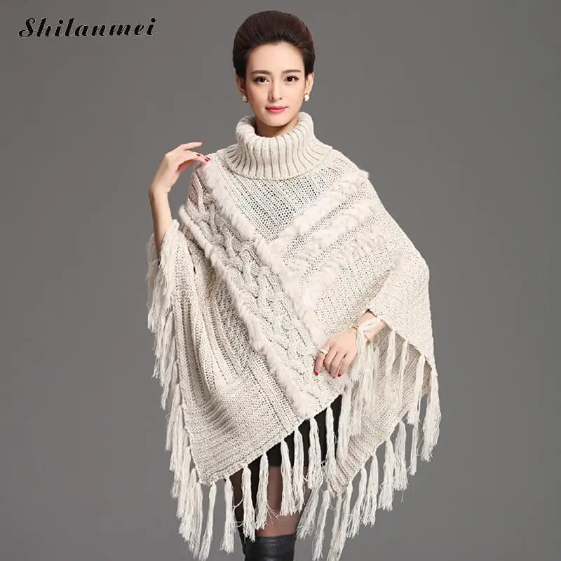 Pullover 2017 Winter Tassel Khaki Sweater For Women Gray Turtleneck Loose Cape Coat Casual Pull Femme Black Knitted Sweaters | Женская