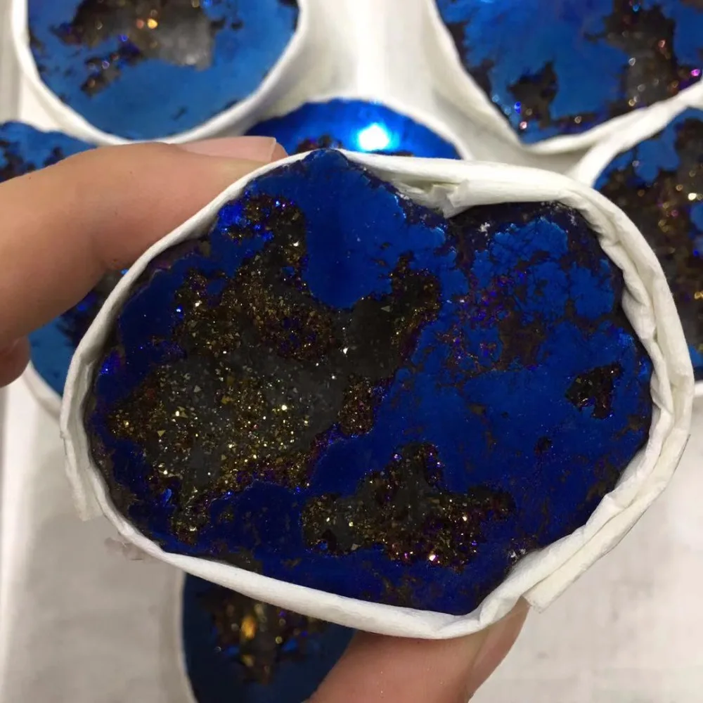Натуральный агат Geode темно-синий друзовый кварц гальваническое покрытие кластер кристалл точки бразильские минералы образец вечерние украшения
