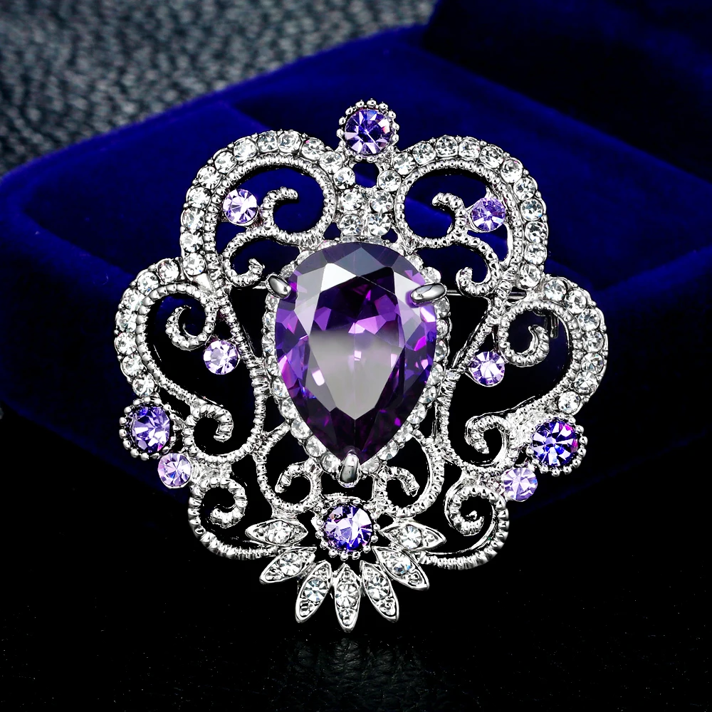 Top Luxury Sliver /Purple Water Drop Crystal Brooches for Women Fashion jewelry lapel pin Valentine's Day Gifts | Украшения и
