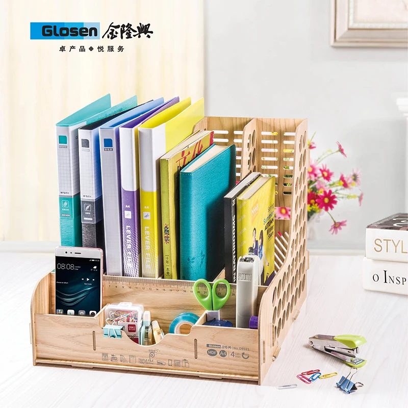 

Wooden DIY Desktop Office Stationery Organizer with 4 Columns Tray