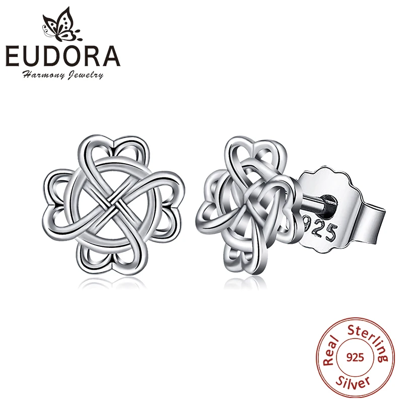 Серьги гвоздики EUDORA 925 пробы серебро Ирландия Селтикс любовь узел родий серьги