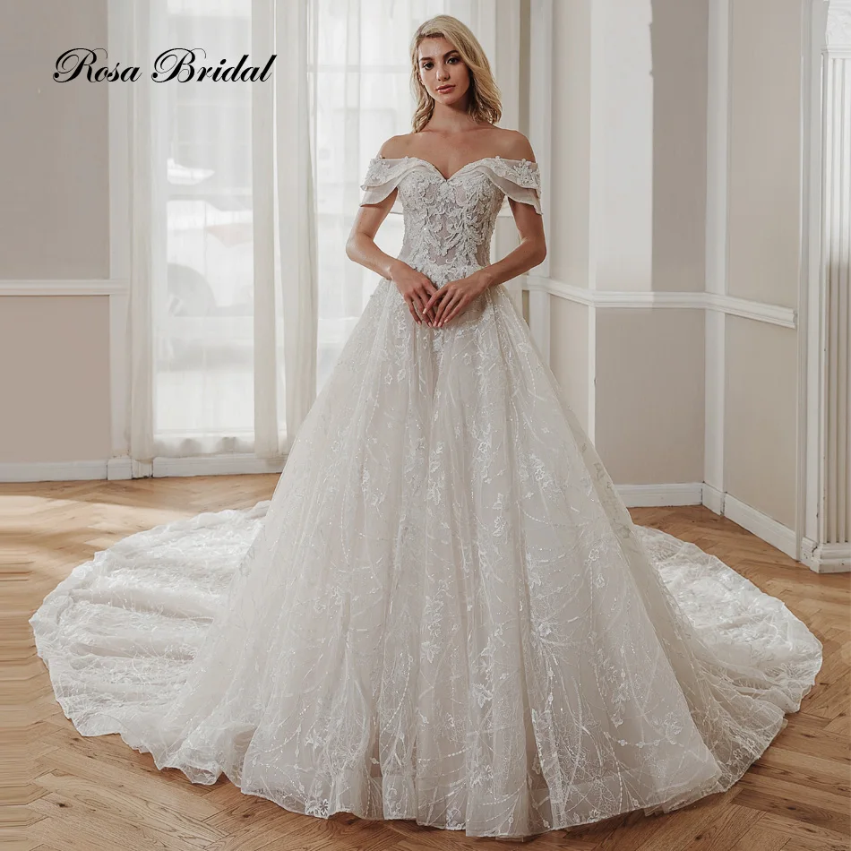 melhor Rosabridal <balão Flor> Pesado Beading Lótus Duplo Ombro Off Elegante Cauda Vestido De Baile