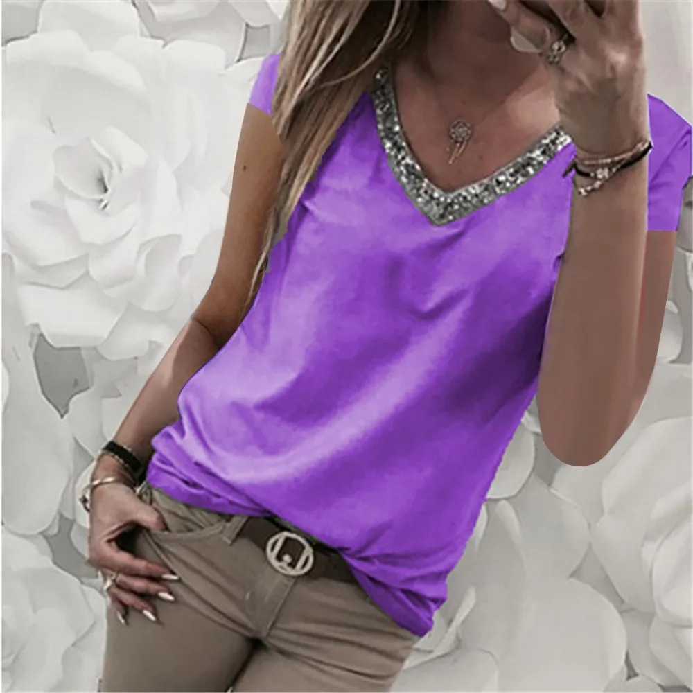 Women Fashion Casual t-shirt Summer Pure Splice V-collar Sequila Short-sleeved T-shirt Women's Push Size Loose Top Female tshirt | Женская