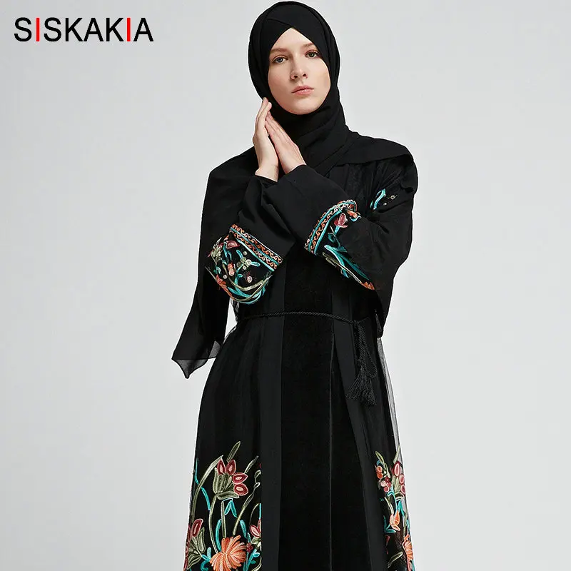 Siskakia мусульманский кардиган для улицы, халаты с кисточкой, пояс, модная черная сетка, Цветочная вышивка, Женская абайя, до середины икры, Дубай, арабский, Новинка - Цвет: Black abaya