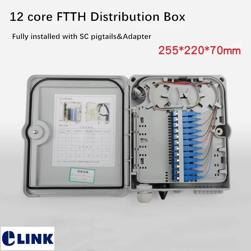 12 core FTTH distribution box fully installed with SC fiber optic adapter&pigtails 255*220*70mm junction box IP55 indoor outdoor