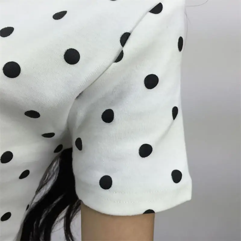 

Summer Women's T-Shirt Polka Black Dotted Clothes Shirt O-neck Short Tops