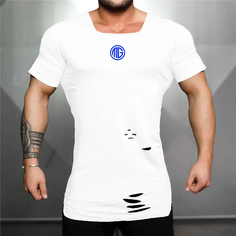 

Muscleguys Brand Fitness Clothing Fashion Ripped Hole T-shirts Men Short Sleeve Tee Shirts Casual Hip Hop slim fit Tshirt Summer
