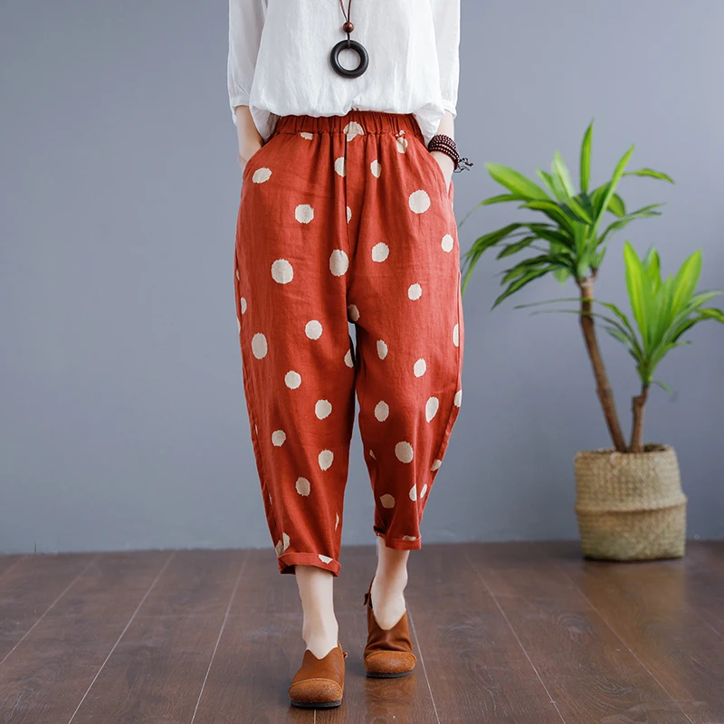 Свободные хлопковые льняные повседневные штаны с принтом в горошек женские
