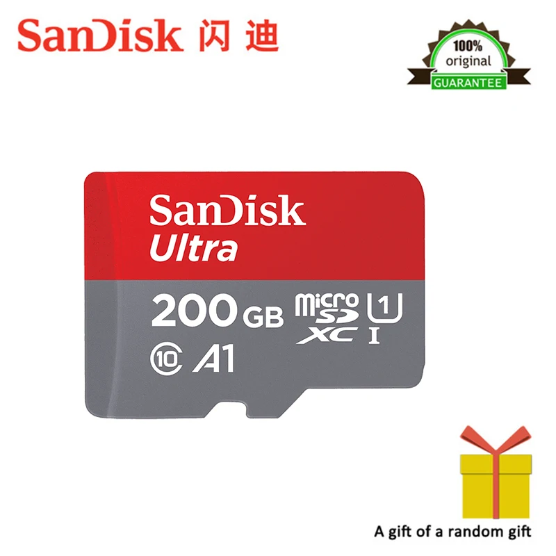 Карта памяти SanDisk A1, 200 ГБ, Micro TF/SD карта, класс 10, UHS-1, 200 ГБ, с адаптером SD,, оригинальная поддержка, официальная проверка