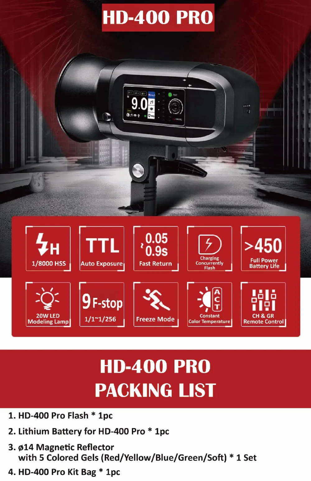 JINBEI HD-400Pro 400Ws Батарея Вспышка HSS ttl расположение съемки стробоскоп в комплекте с гелем отражатель Bowens крепление