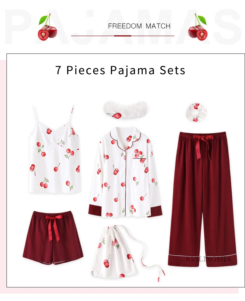Women new cotton cute eye mask lady spring and summer thin style home wear print long sleeve seven piece pajama sets