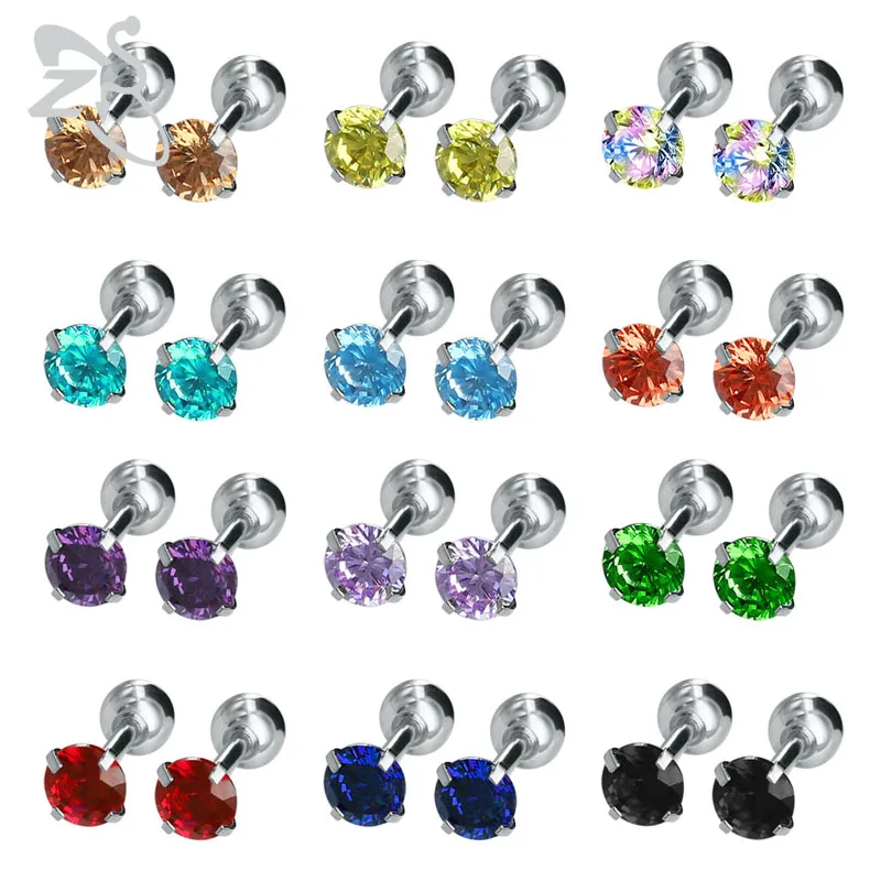 

ZS 4mm 12 Pairs/lot Stud Earrings AAA Cubic Zircon Ear Cartilage Piercing Jewelry Women's Studs Earrings for Childern Kid 2019