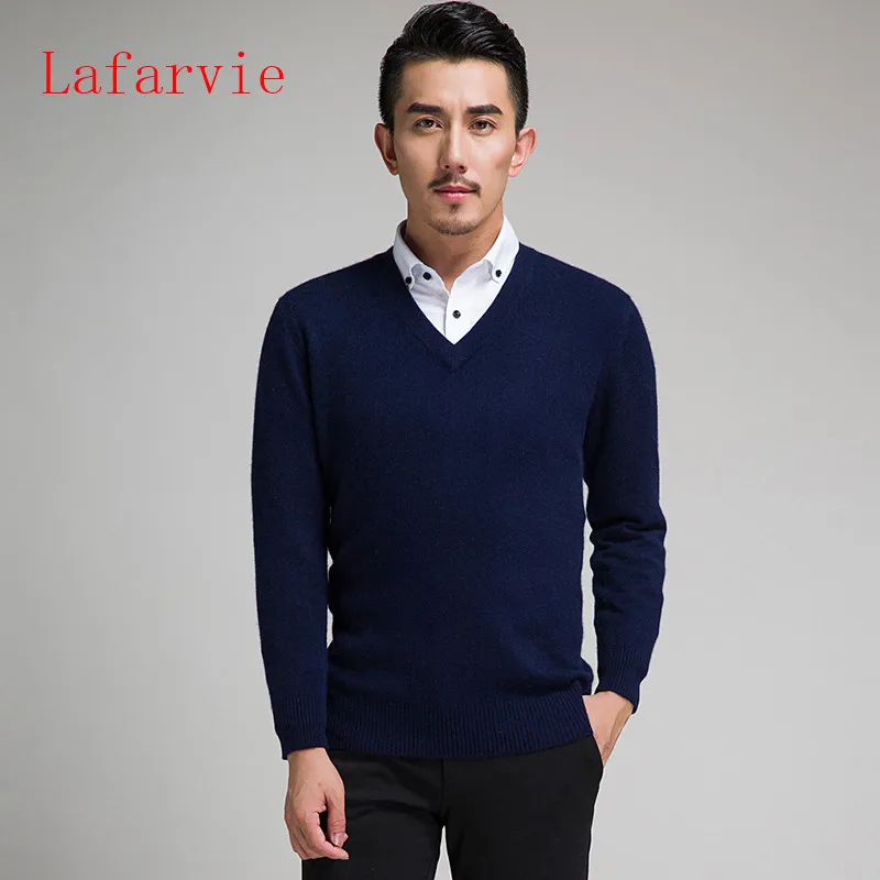 picture blue Lafarvie, новинка, тонкий вязаный кашемировый шерстяной свитер, мужские топы, пуловеры, Осень-зима, теплые, повседневные, одноцветные, v-образный вырез, длинный рукав, пуловер - Цвет: picture blue