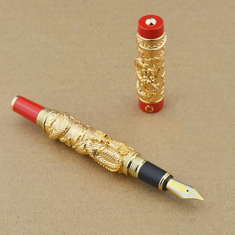 Gold Red(One Pen) Jinhao двойной дракон/змеиная винтажная Роскошная авторучка/ручка держатель полностью Металлическая резьба тиснение Тяжелая Подарочная Ручка Коллекция - Цвет: Gold Red(One Pen)