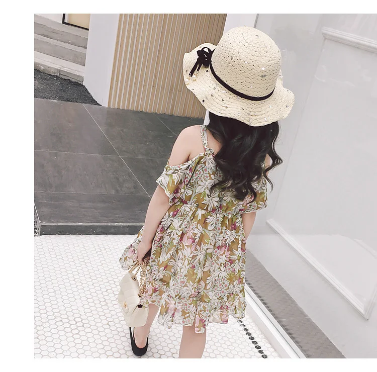 2018 summer Korean version of the new girl floral strapless straps lotus leaf chiffon fashion princess dress | Детская одежда и