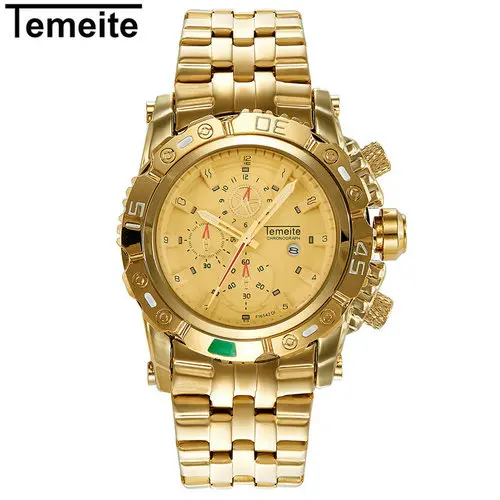 ALL GOLD TEMEITE военные шикарные негабаритные кварцевые часы для мужчин Серебряный полный стальной ремешок наручные часы Топ Роскошные модные шикарные наручные часы - Цвет: ALL GOLD