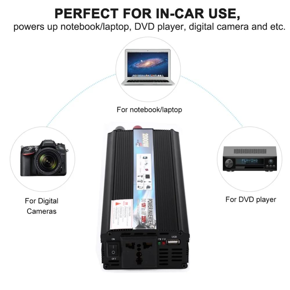 Зарубежные 2000W DC 12V дo AC 220V Автомобильный инвертирующий усилитель мощности