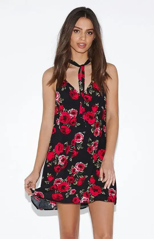 Летние Платья Женские Модный Роза Цветы Платье Без Рукавов V Образный Вырез