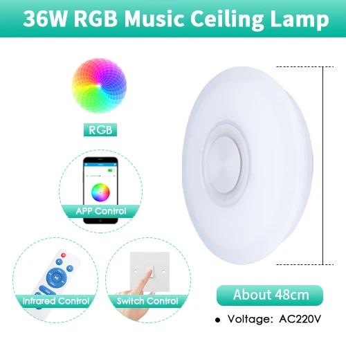 RGB-RT-BT-APP 48cm RGB современный светодиодный потолочный светильник с регулируемой яркостью, 220 В, приложение, дистанционное управление, Bluetooth и музыкальный динамик, цветная умная лампа для спальни, гостиной - Цвет корпуса: RGB-RT-BT-APP 48cm