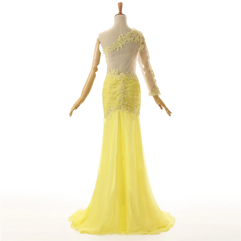Желтые Вечерние платья с юбкой годе на одно плечо шифоновое прозрачное длинное